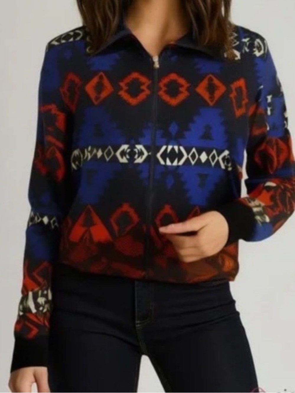 Lauren Ralph Lauren Active Southwestern Aztec Waffle Zip Jacket Women Large Blue